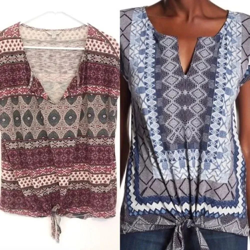 LUCKY BRAND Medallion Tie Front Tee Cream Burgundy Floral Print Cap Sleeve Boho